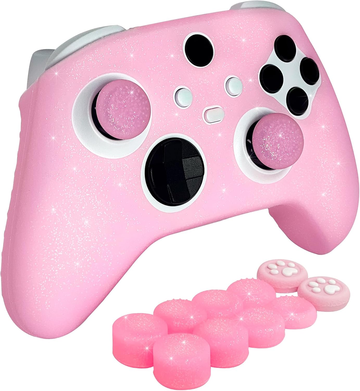 Pink Glitter Silicone Protective Case for Xbox Series X/S Controller, Sparkly Bling Soft Cover Skins, Includes 8-in-1 Glitter Thumb Grip Caps + 2 Cat Paw Caps – Shockproof Dustproof