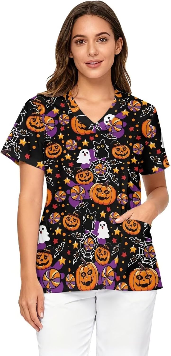 Print Scrub Tops for Women Vneck Stretchy Nurse Workwear Uniform
