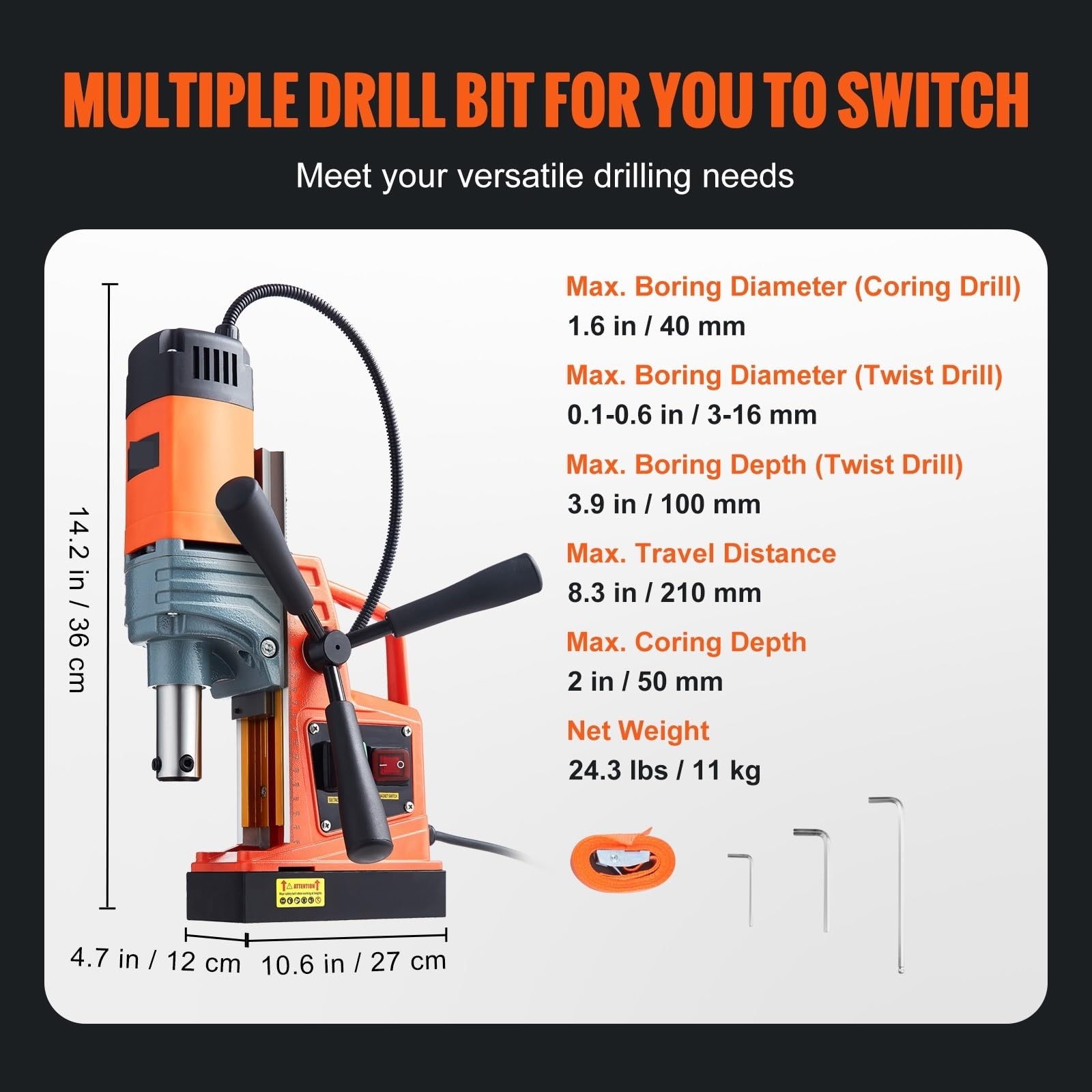 Trapano a colonna da banco, Trapano elettrico da 1300 W e 1400 W, trapano a colonna magnetico da 2", diametro di foratura, trapano elettrico da 810 PRM, rilascio in 1 secondo(NoDrill 40mm 1300W)