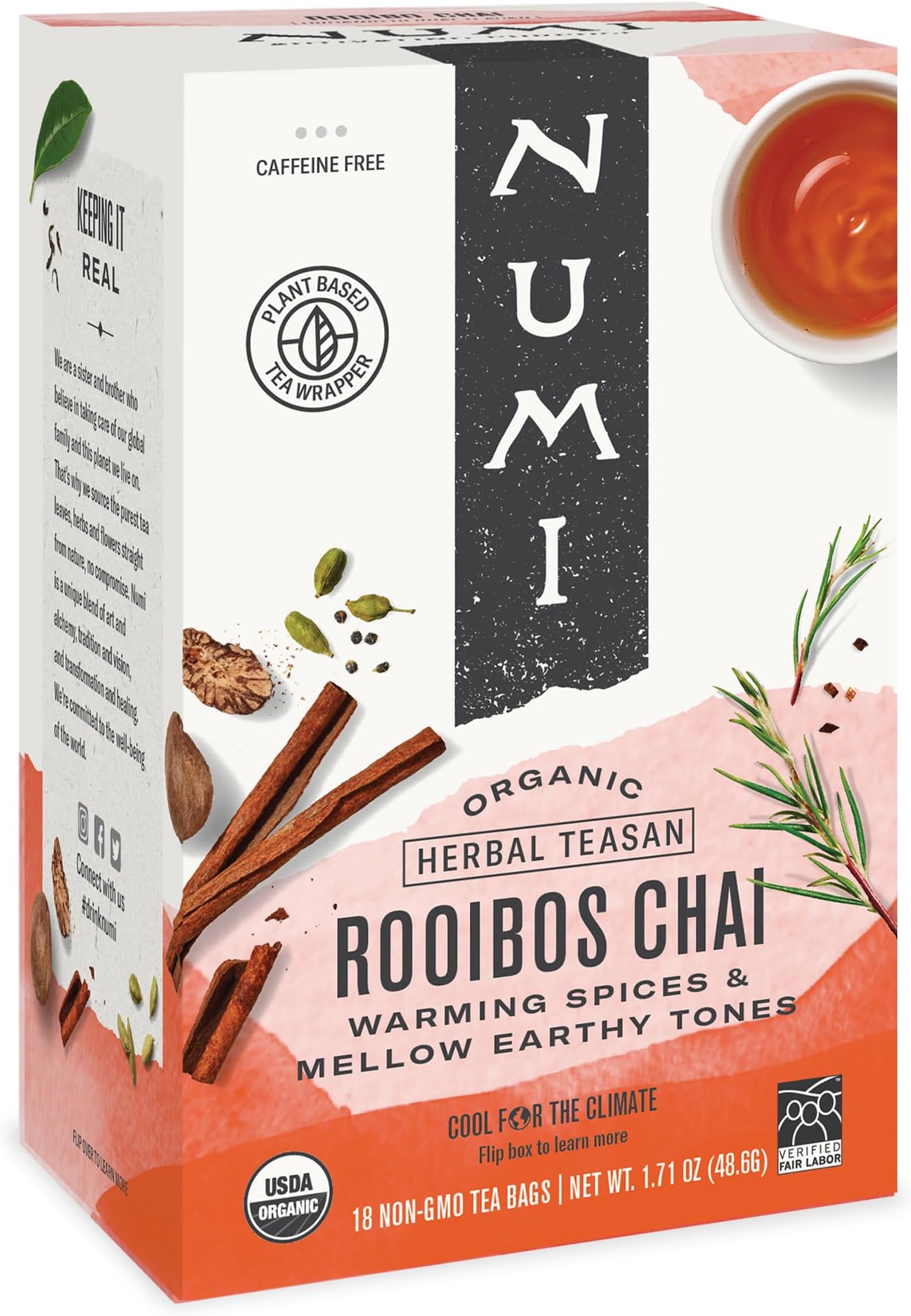 Organic Rooibos Chai Tea, 18 Tea Bags, Red Tea with Cinnamon, Allspice & Ginger, Caffeine Free (Packaging May Vary)