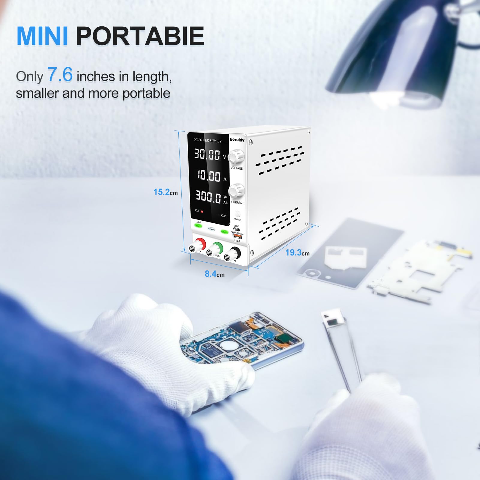 Alimentatore da Labotorio 30V 10A Encoder Alimentatore DC Regolabile 1V~24V Batterie Caricabatterie con 18W USB-A/C Carica Rapida Porto/Output Pulsanti Alimentatore Banco Stabilizzato