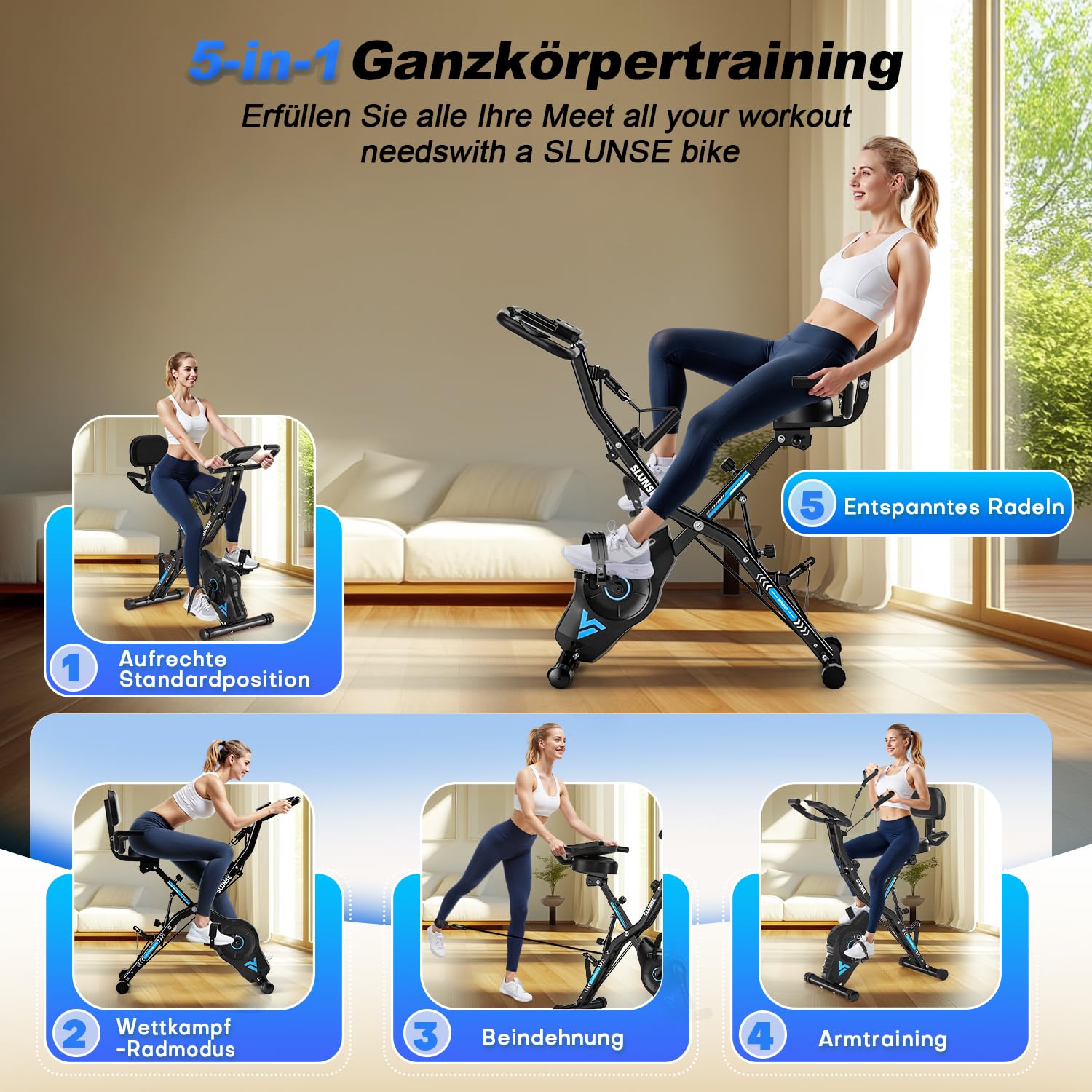 Heimtrainer Fahrrad Klappbar, SLUNSE FITNESS Neu Hometrainer Fahrrad mit 16-stufiger Magnetwiderstand, Ergometer Heimtrainer mit 10dB extra Leise, Indoor Bike für Kardio-Training zu Hause, Bis 160KG