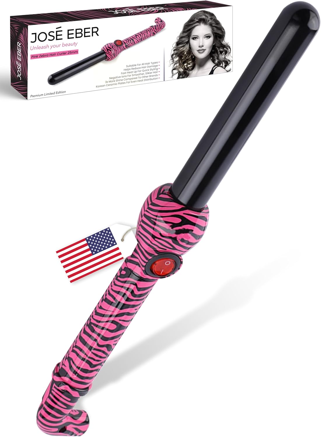 Jose Eber ProStyle 25mm Clipless Curling Iron – Negativr Ions Hair Curler- Ceramic Wand for Stunning Beach Waves & Long-Lasting Curls (Pink Zebra)