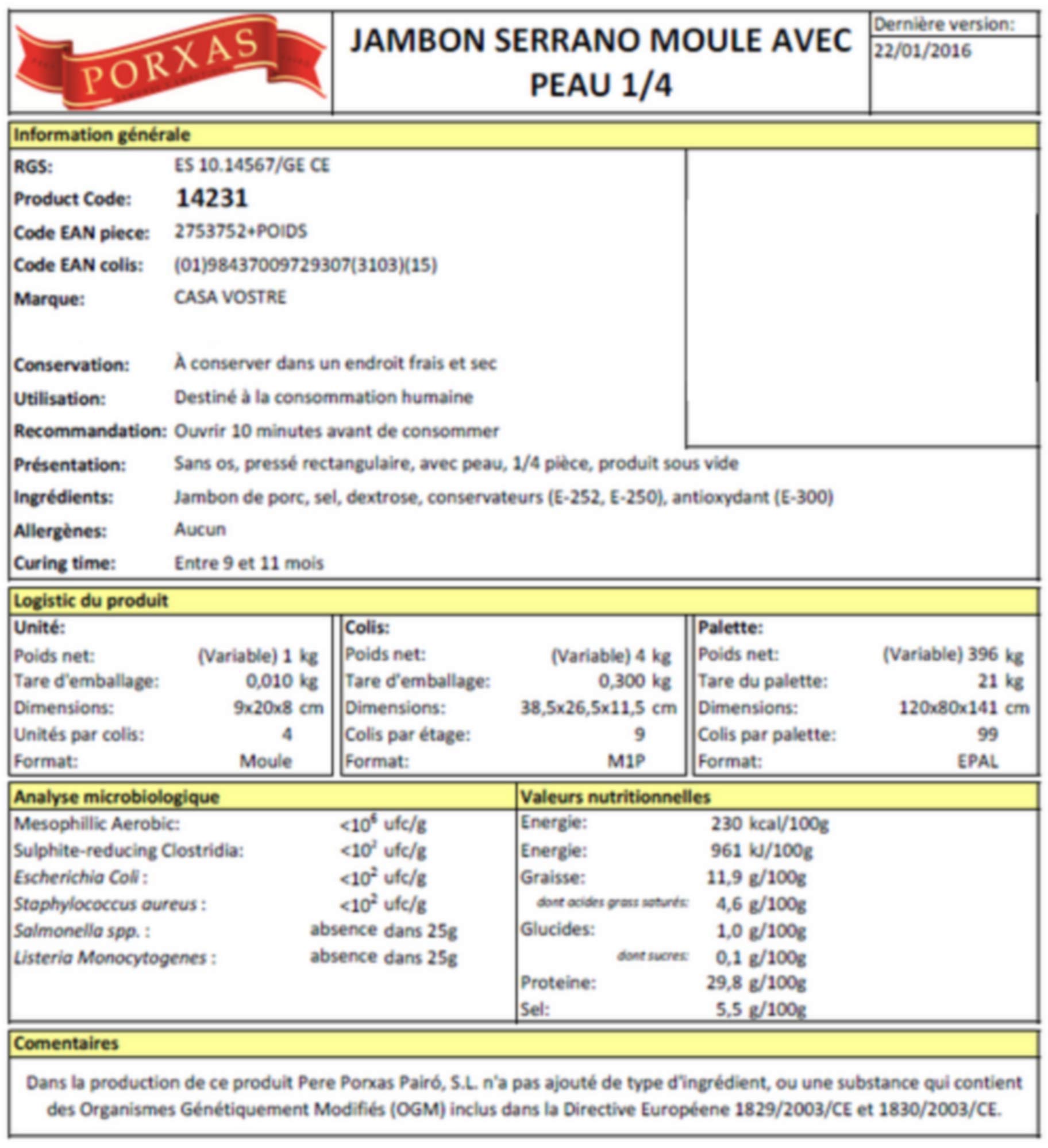 Jambon Serrano env. 0,800 kg - Sac a Jambon Offert