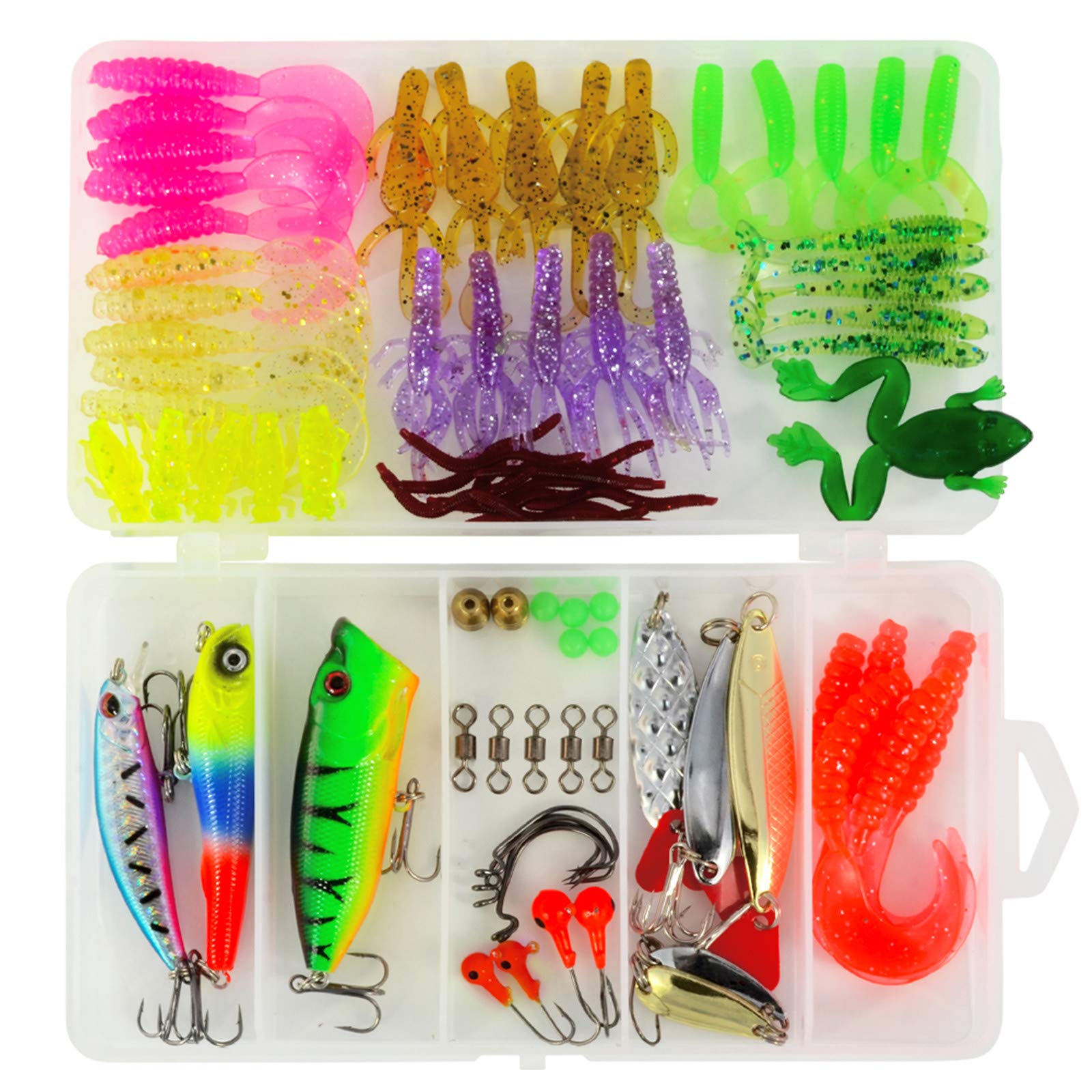 Rose Kuli Fishing Lures Baits Tackle Kit Including Crankbaits, Spinnerbaits, Topwater Lures, Fishing Spoons, Plastic Worms, Jigs, Fishing Hooks, Tackle Box and More Fishing Gear Lure