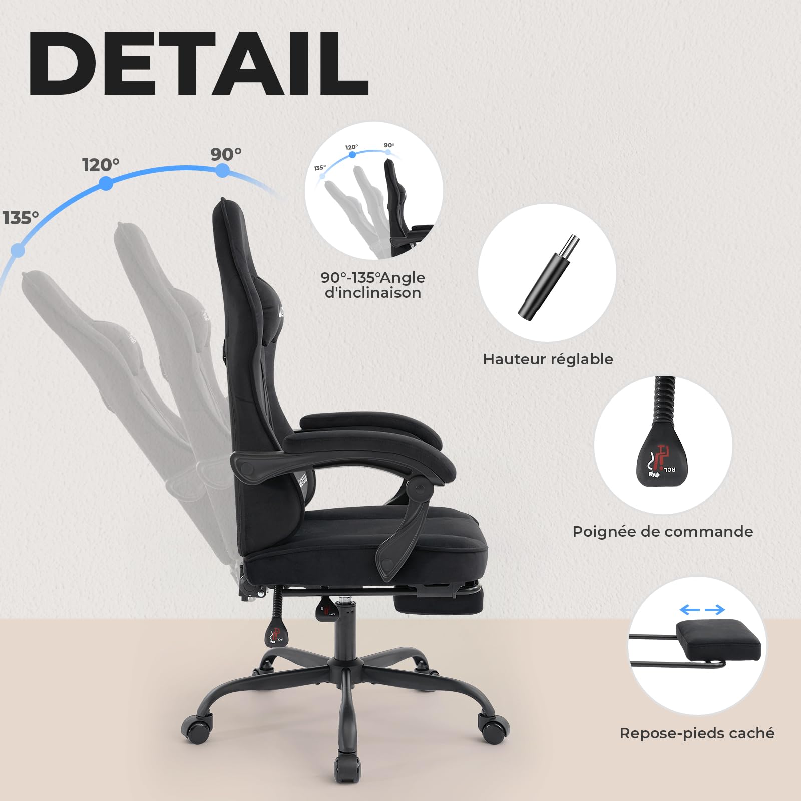 Massage Chaise Gaming Tissu avec Coussin en éponge Haute densité, Siege Gamer avec Repose-Pieds, Fauteuil Gamer pour Adultes Kids,Chaises de Bureau Capacité de Charge 120 kg