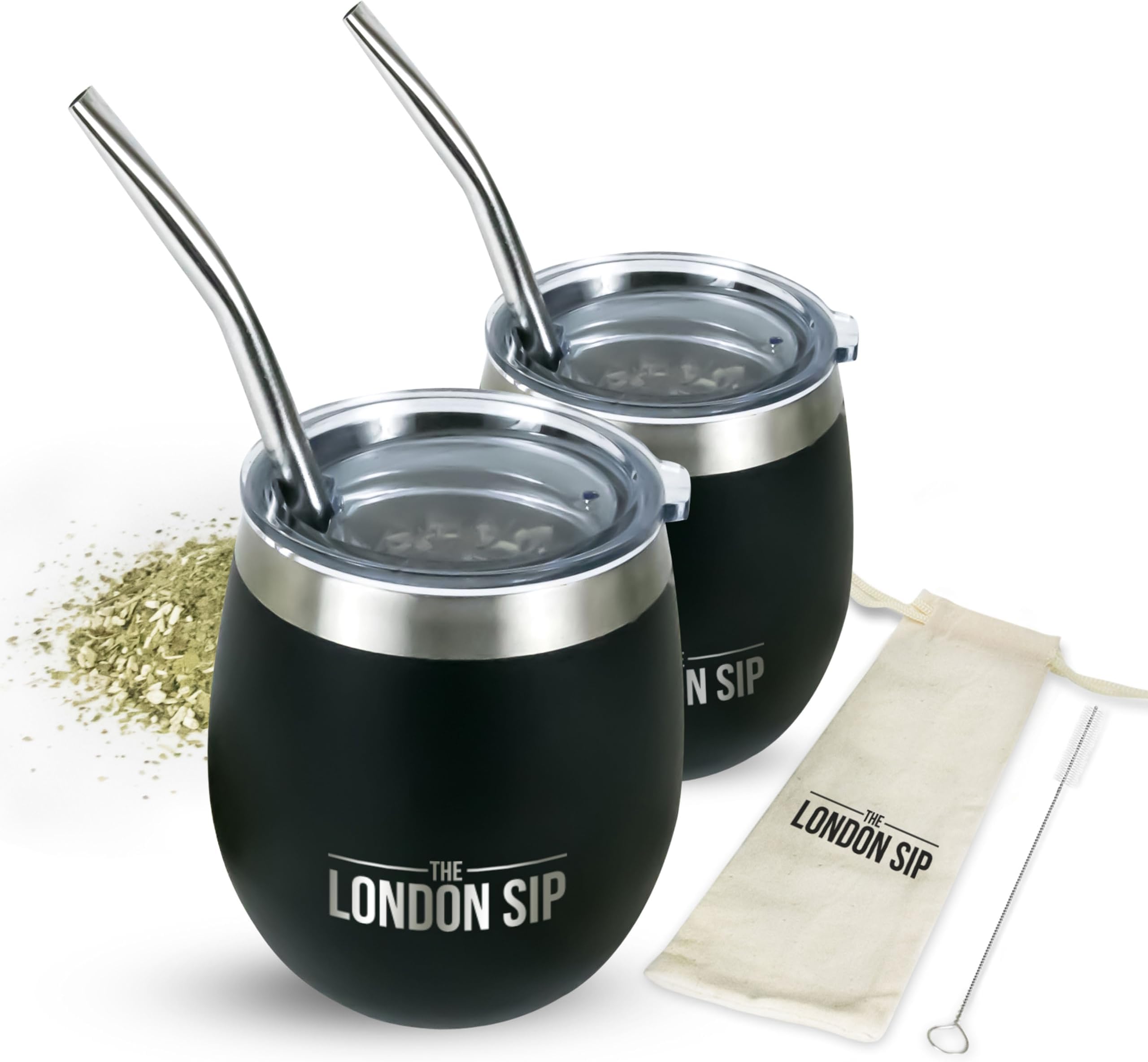 London Sip Yerba Mate Cup and Bombilla Set, Includes 2 Gourds (8 oz each), Spill Resistant Lids, Straws, Bombilla Brush and Pouch Included, Black