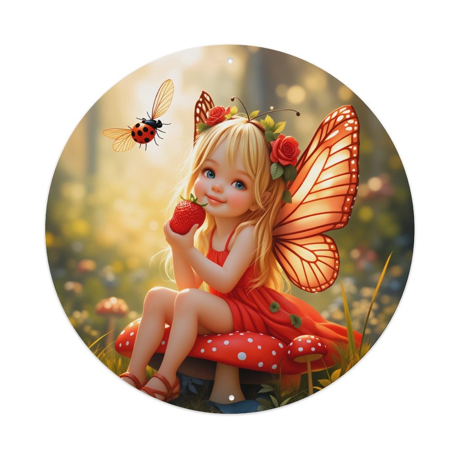 Butterfly Wings Strawberry Fairy Garden Round Tin Sign Vintage Style Metal Sign Home Bar Garden Wall Plaque Decor Metal Poster 8x8 Inch
