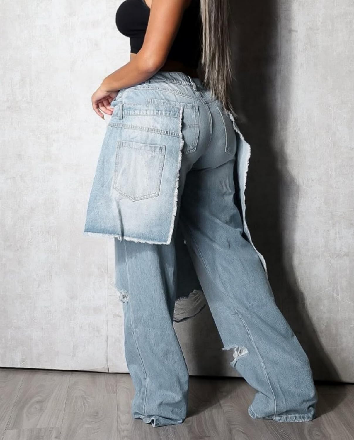 Voghtic Jeans for Women Trendy High Waisted Ripped Tear Y2K Patchwork Wide Leg Denim Pants with Pockets Streetwear - Image 2