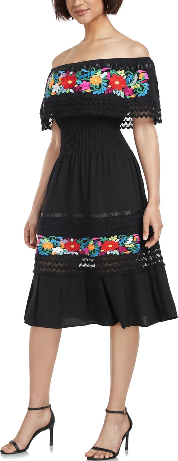 YZXDORWJ Mexican Dress for Women Embroidered Traditional Boho Theme Fiesta Floral Lace Off-Shoulder Ruffle Party Dress - Image 6
