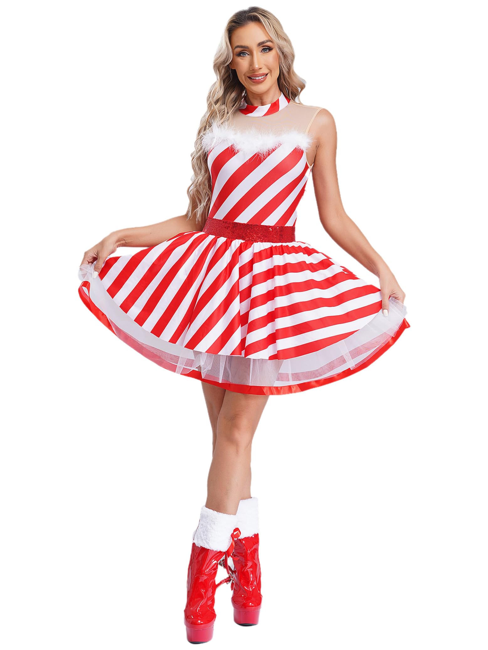 Eandarui Womens Christmas Tutu Dress Candy Cane Striped Figure Skating Costume Xmas Dance Fancy Dress Red Large