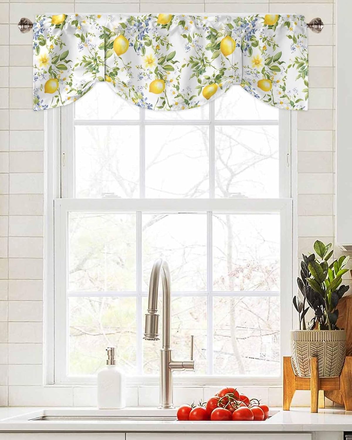 Summer Lemon Tie Up Valance for Window, Watercolor Yellow Spring Floral Botanical Adjustable Balloon Window Shade Valance Curtain for Kitchen Cafe Bathroom Window Treatment Panel 60''x18''