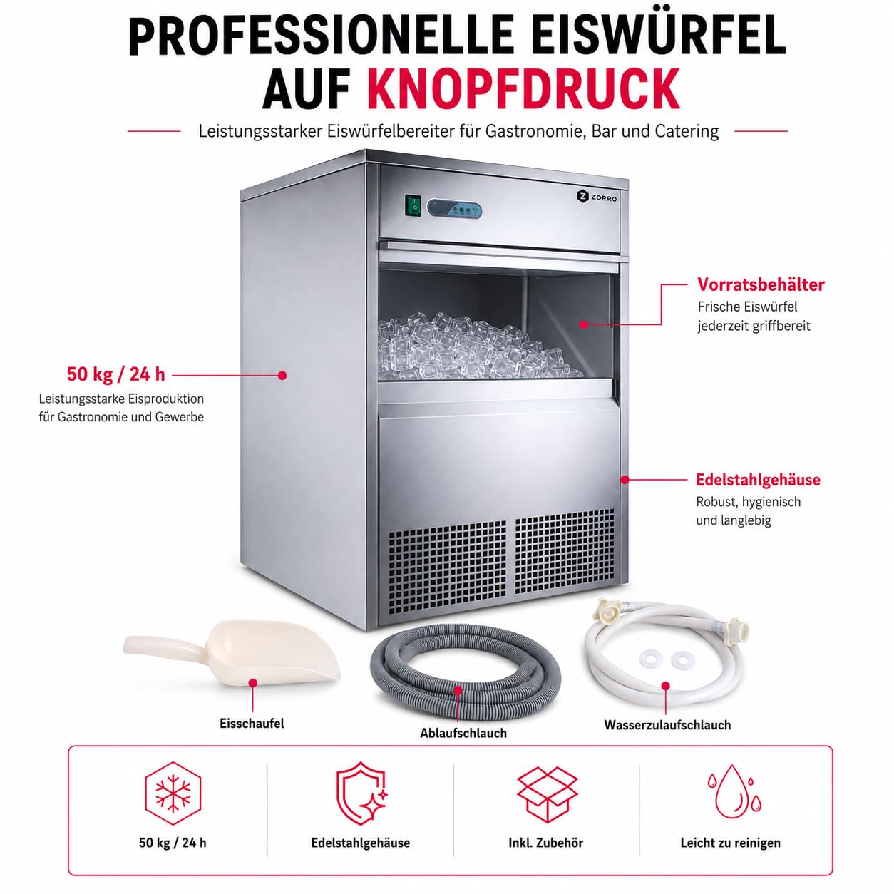 ZORRO Eiswürfelbereiter ZEB 50 ECO | 50kg/24h | Eiswürfelmaschine Gastro | Inkl. Zubehör
