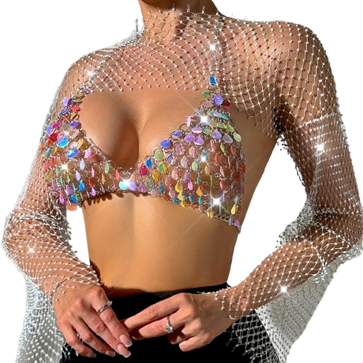 Rhinestones Long Sleeve Fishnet Cover Up Bra Body Jewelry Glitter Lingerie Chain Jewelry Festival Rave Outfit Tank Tops Bra Jewelry for Women