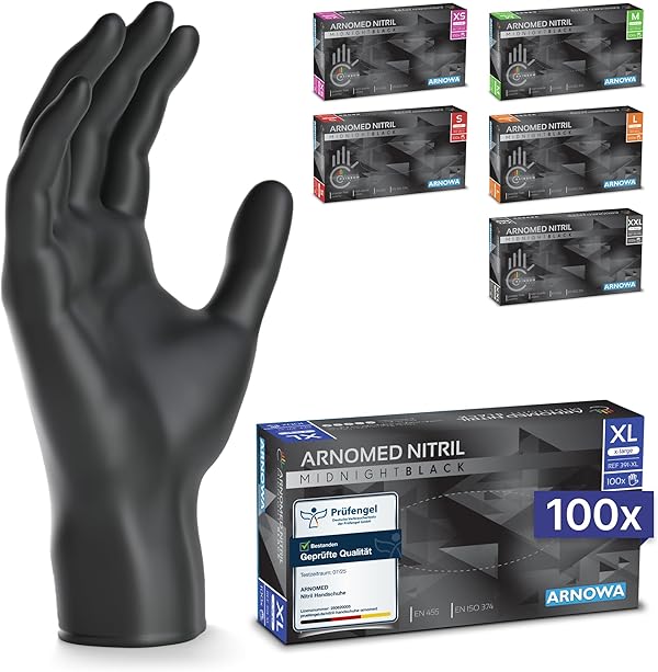 ARNOMED Einweghandschuhe 100 Stück/Box, XL, Schwarze Einmalhandschuhe, puderfreie & latexfreie Nitrilhandschuhe, Handschuhe in Gr. S, M, L & XL