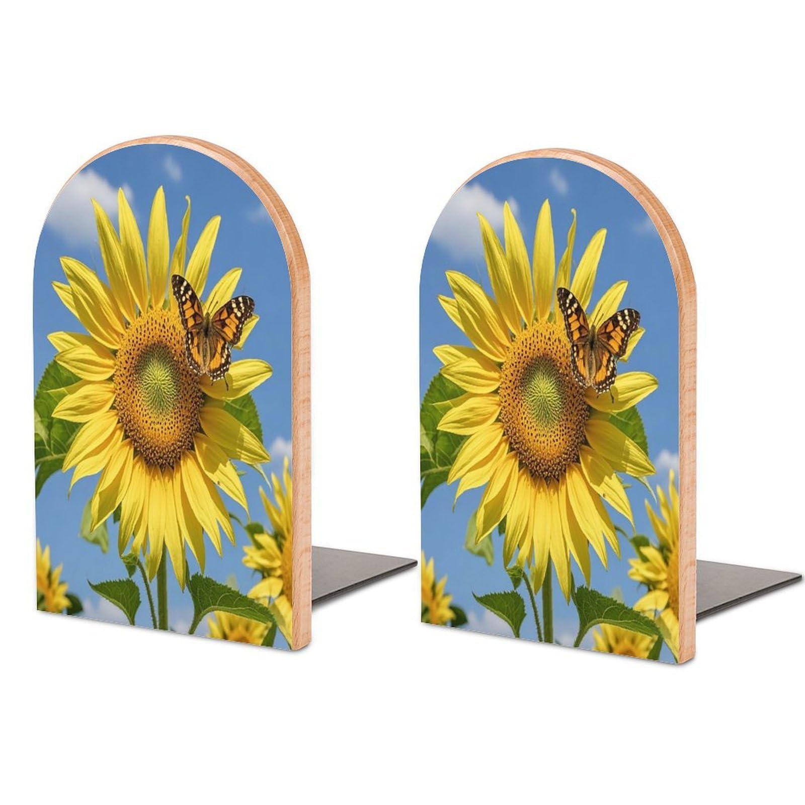 Sunflower and Butterfly Bookend for Shelves Unique Book End Sturdy Books Holder Heavy Duty Wooden Bookends Support Non-Slip Book Organizers Decorative Modern Bookend Holder for Home