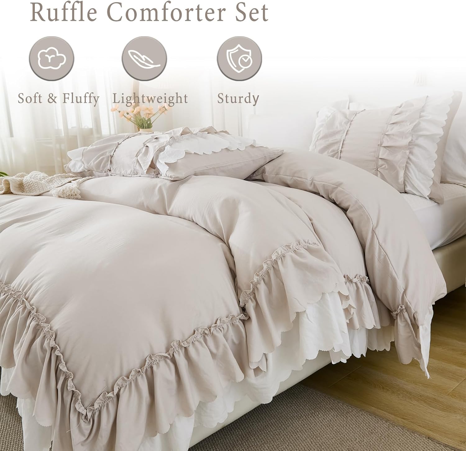 Herside Beige Ruffle Comforter Set King Size,Shabby Chic Boho Bedding Sets, Soft Fluffy Comforters Sets for All Season,Vintage Ruffled 3 Pcs Microfiber Lightweight Quilt Set for Women Girls | Ruffle, Shabby Chic - Image 3