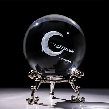 HDCRYSTALGIFTS 60mm 2.3 Inch 3D Laser Engraved Half Moon & Meteor Crystal Ball with Metal Stand Paperweight Glass Full Sphere Decorative Ball Home Decoration