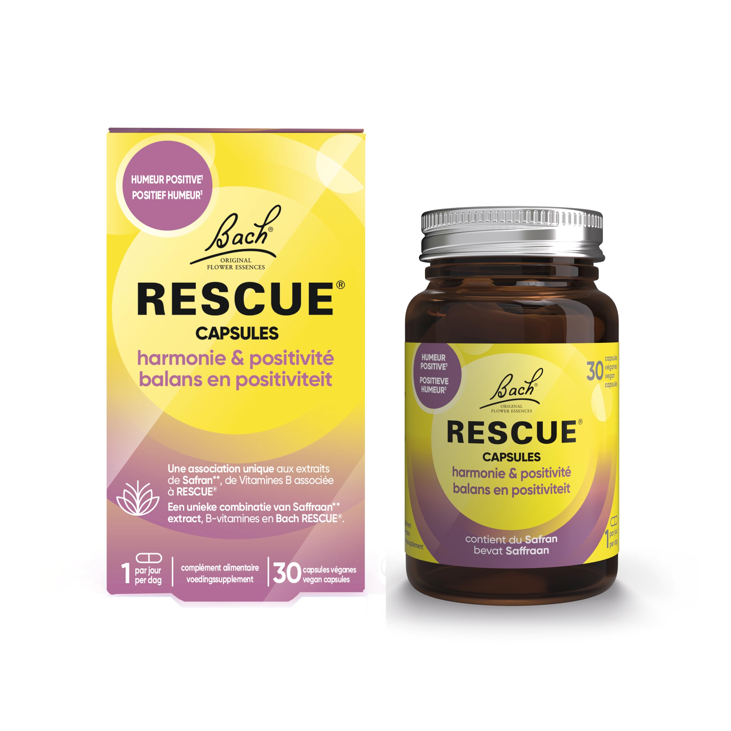 RESCUE - Capsules Harmonie & Positivité - Équilibre émotionnel - Période de surmenage, stress du quotidien, sensibilité - Mélange de 5 Fleurs de Bach Original + Safran + Vitamines - Vegan - 30 gélules
