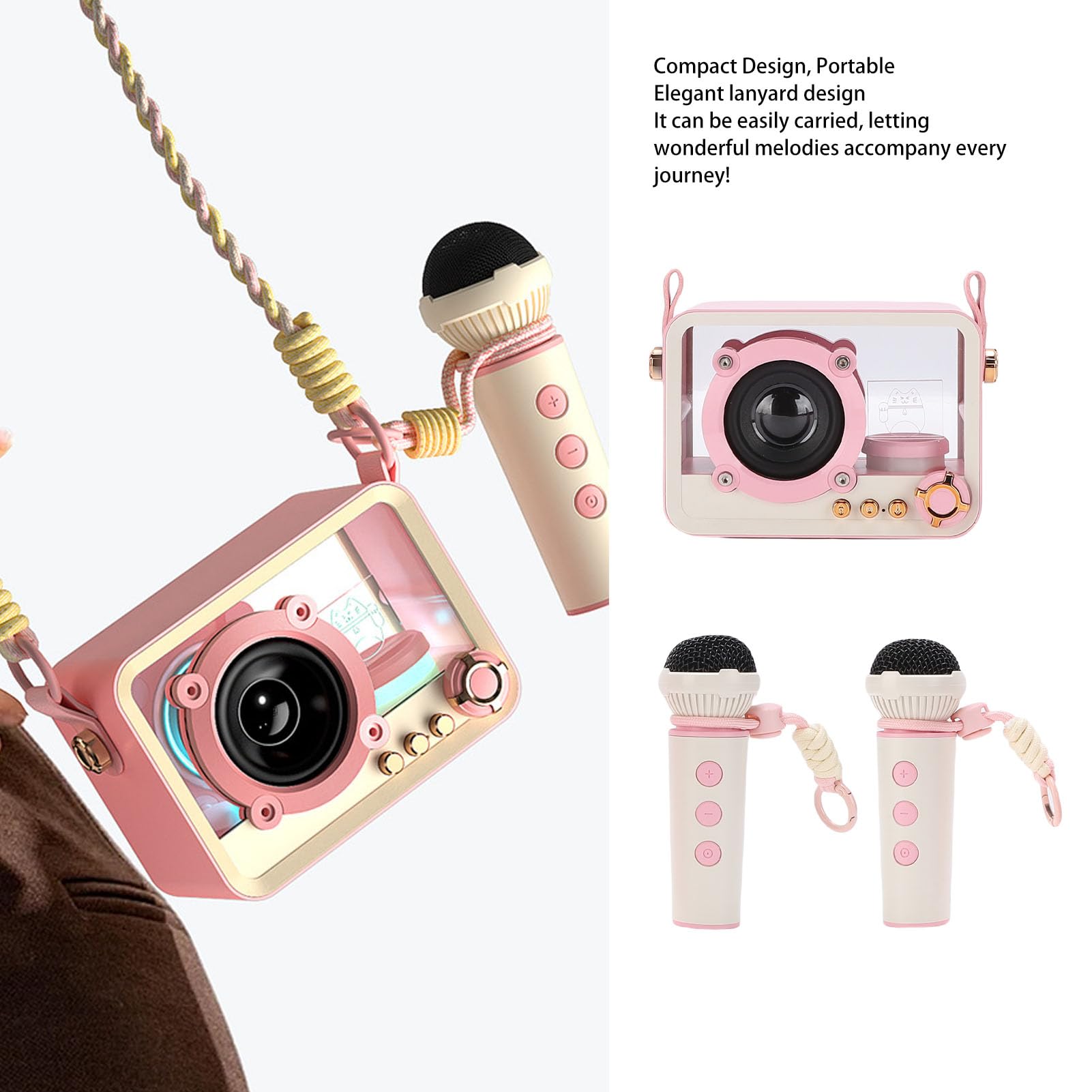 CHICIRIS Attrezzatura portatile per karaoke, microfoni senza fili, altoparlante da 10 W con LED per feste a casa e viaggi all'aperto per bambini (PINK)