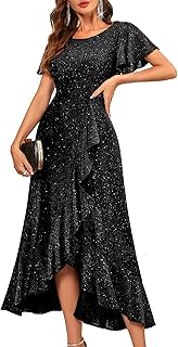 Vestido formal mujer con lentejuelas para mujer, manga corta con volantes, ideal para fiestas, bodas, cócteles o como vestido largo de noche