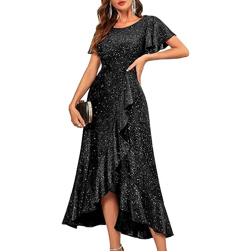 BeryLove Women Sequin Formal Party Dress Flutter Short Sleeve Wedding Cocktail Long Evening Dress