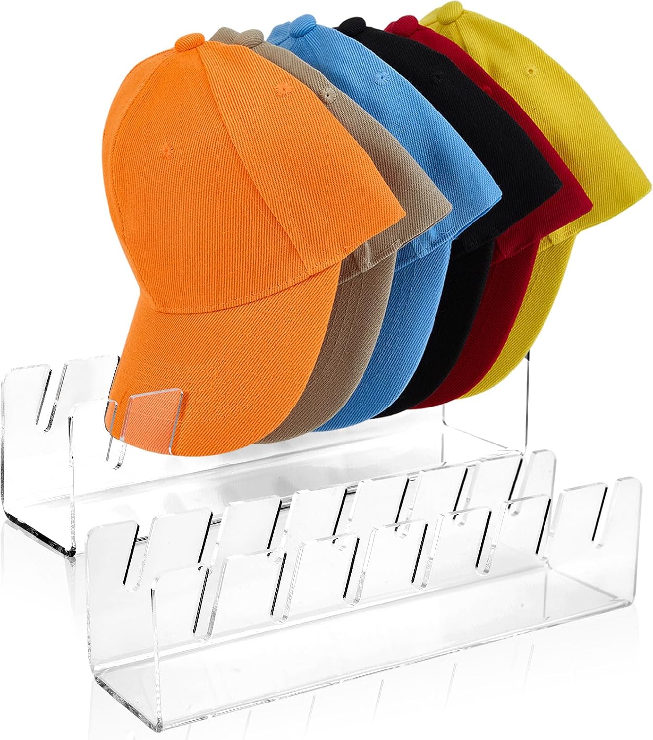 Hat Stand for Baseball Caps Display and Organizer, 2 Pack holds 14 caps, No install Acrylic Baseball Caps Shelf for Bedroom, Closet, Dresser, Office (Clear)