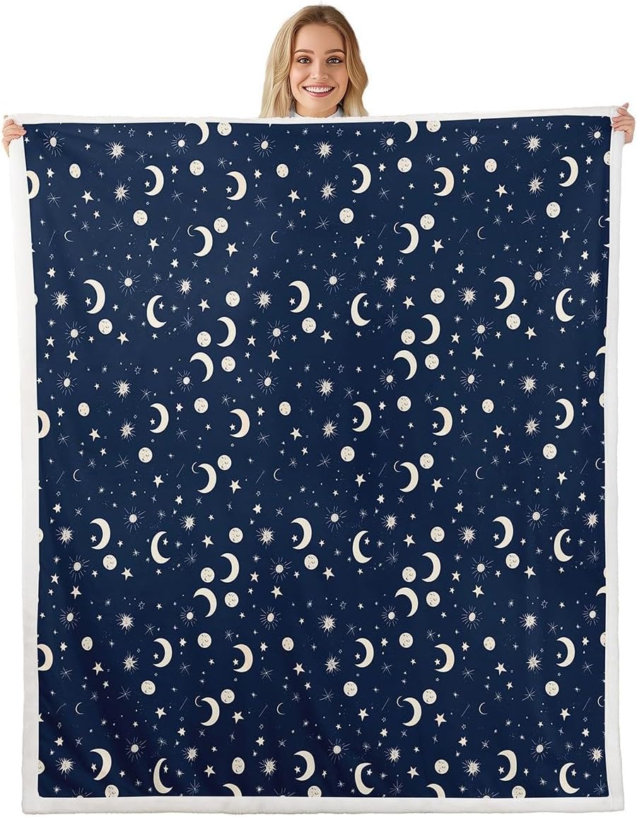 Erosebridal Kids Starry Sky Blanket Galaxy Throw Blanket Queen Moon and Sun Fleece Blanket Dreamy Night Stars Sherpa Blanket for Boys Girls