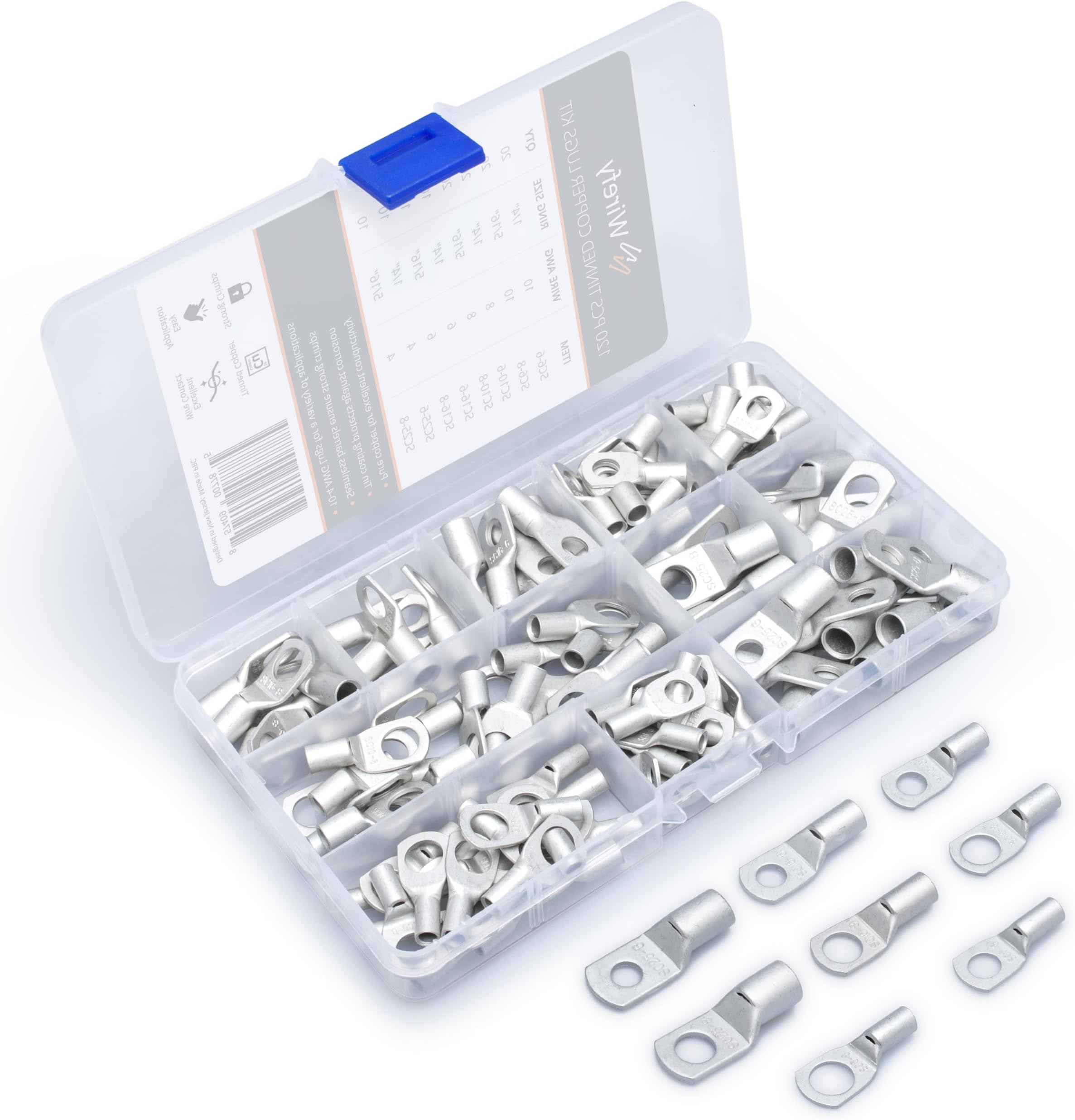 Wirefy (120 PCS Kit - 10-4 AWG) - 120 PCS Tinned Copper Wire Lugs Kit - Battery Lugs - Crimp Battery Cable Ends - Ring Terminals - 10-4 Gauge