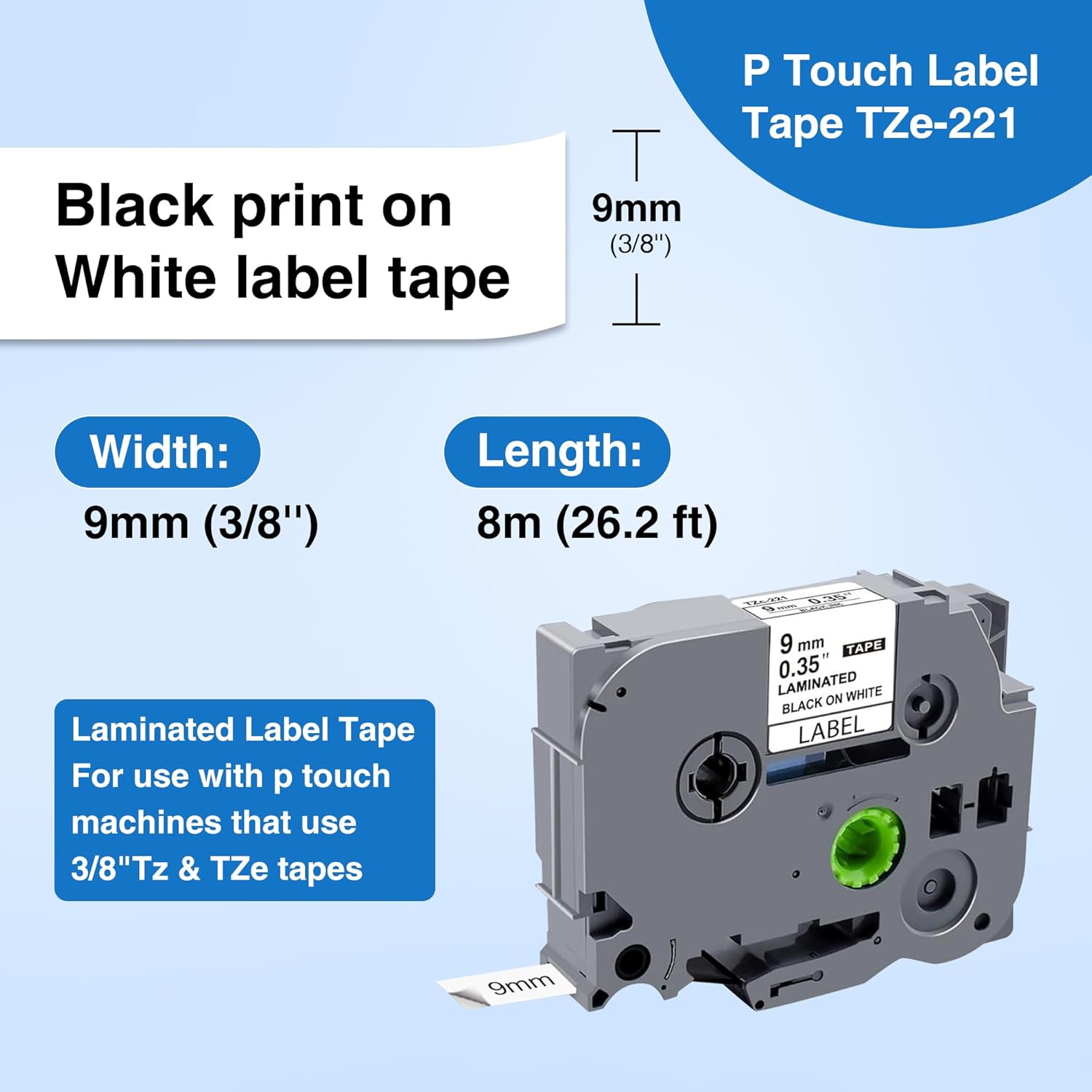 TZe-221 9mm 0.35 Laminated White Tz Tape Compatible for Brother P-Touch Tze-221 Laminated Label Maker Tape for Brother PT-D210 PT-D220 PT-D200 PT-H110 PT-D400 PT-D610BT, Black on White, 5 Pack - Image 2