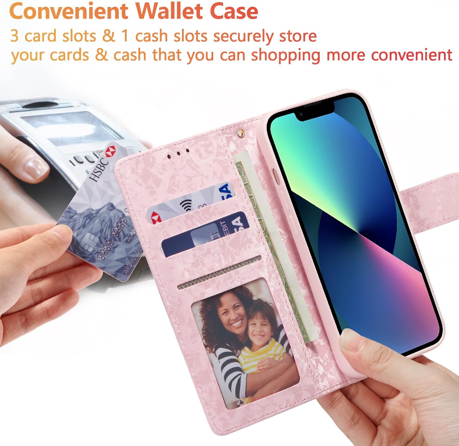 UEEBAI Wallet Case for iPhone 15 Pro, PU Leather Phone Case Kickstand RFID Blocking Flip Case Card Slots Wrist Strap Relief Engraved Pattern Magnetic Closure Flower Folio Case, BlueButterfly - Image 3