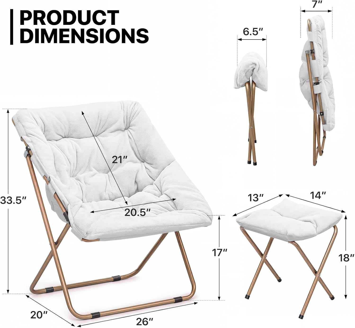 MoNiBloom Square Folding Faux Fur Saucer Chair for Bedroom Living Room Dorm Foldable Metal Frame Oversized Large Comfy Furry Padded Soft Cozy Moon Chair with Footrest Ottoman for Adults (White, 2 Set)