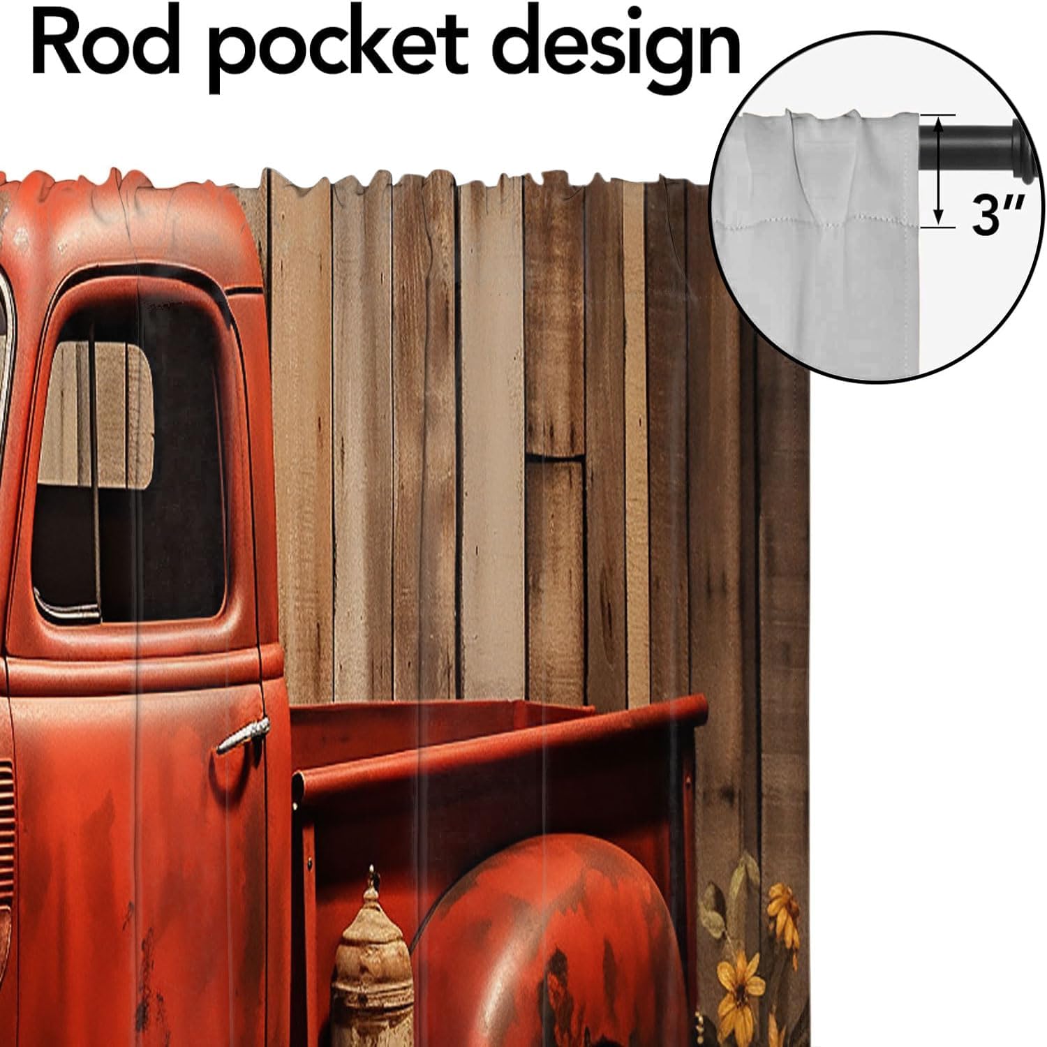 Rustic Farmhouse Curtains Valances Retro Red Truck Vintage Sunflowers Wooden Western Farm Country Rod Pocket Curtain Valances for Kitchen Bathroom Living Room Bedroom Windows 54 X 18 Inch, 1 Panel
