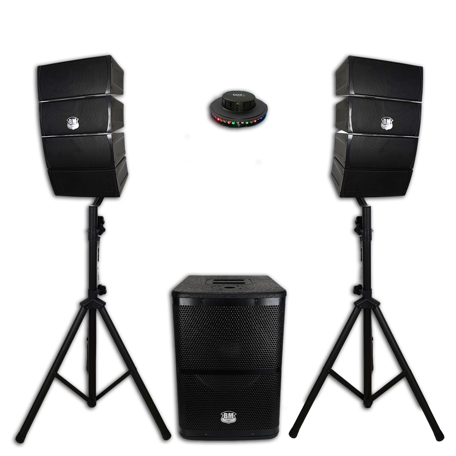 Pack Sonorisation 2.1 de 1000W DJ BMS12 Array Enceintes Satellites + Caisson + Pieds - USB/SD/Bluetooth + Lumière Ovni