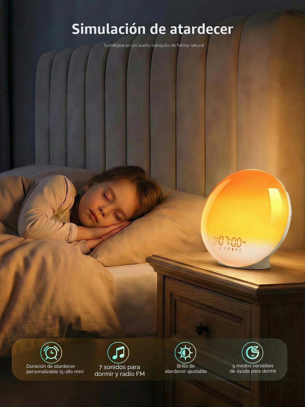 Reloj despertador de amanecer, luz de despertar con simulación de amanecer/atardecer, control de aplicación, 4 alarmas, calibración automática de tiempo, función de repetición, radio FM, 7 sonidos