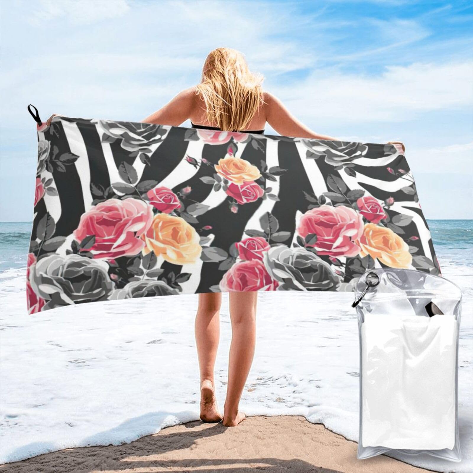 VCzsdff Roses Flower Floral Zebra Stripes Print Quick Dry Towel Compact Beach Shower Wrap For Camping Fitness