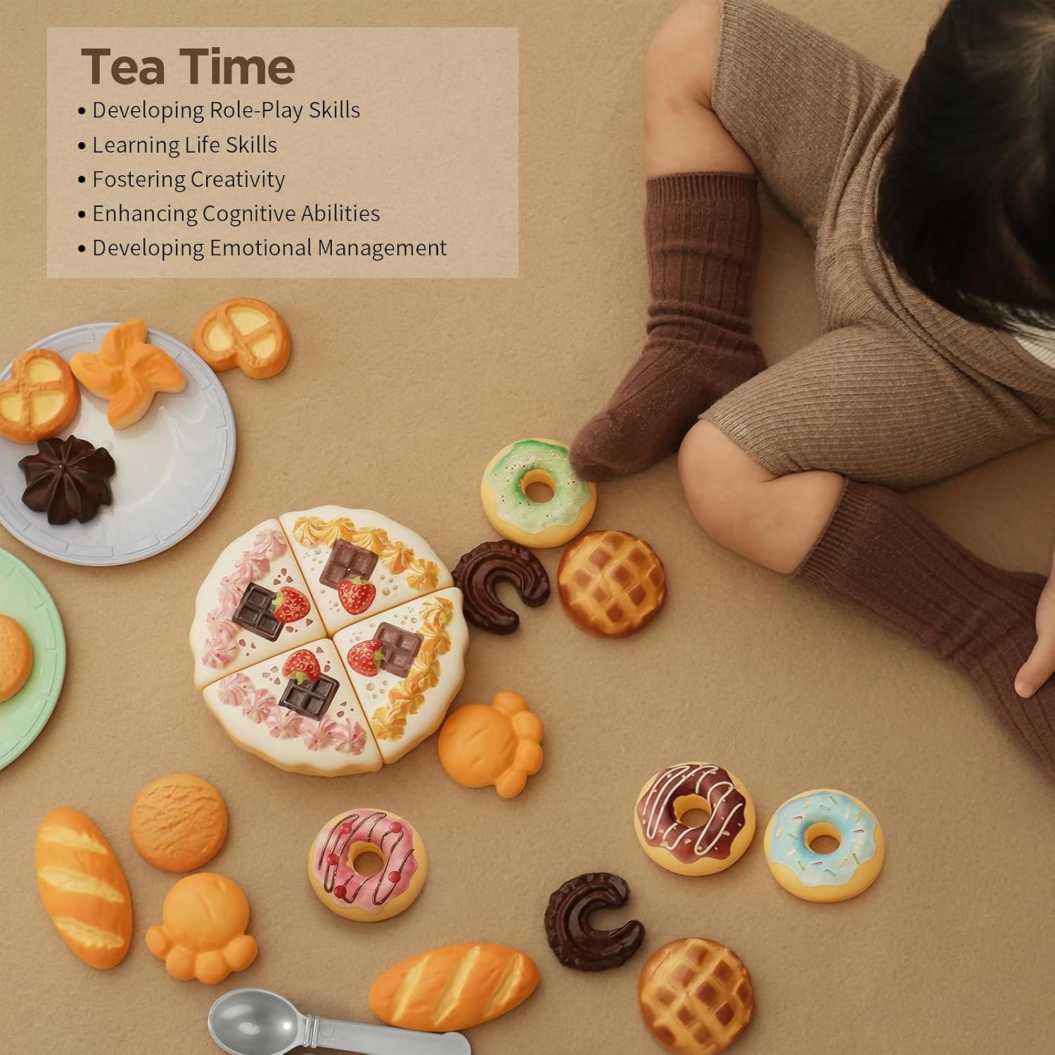 GILOBABY 34PCS Play Food Set, Tea Party Toys with Cake & Donuts for Kids 3+ | Premium Crafted Details, 34PCS Complete Set, Realistic Food Designs, Develops Fine Motor Skills, Ideal Birthday Gift
