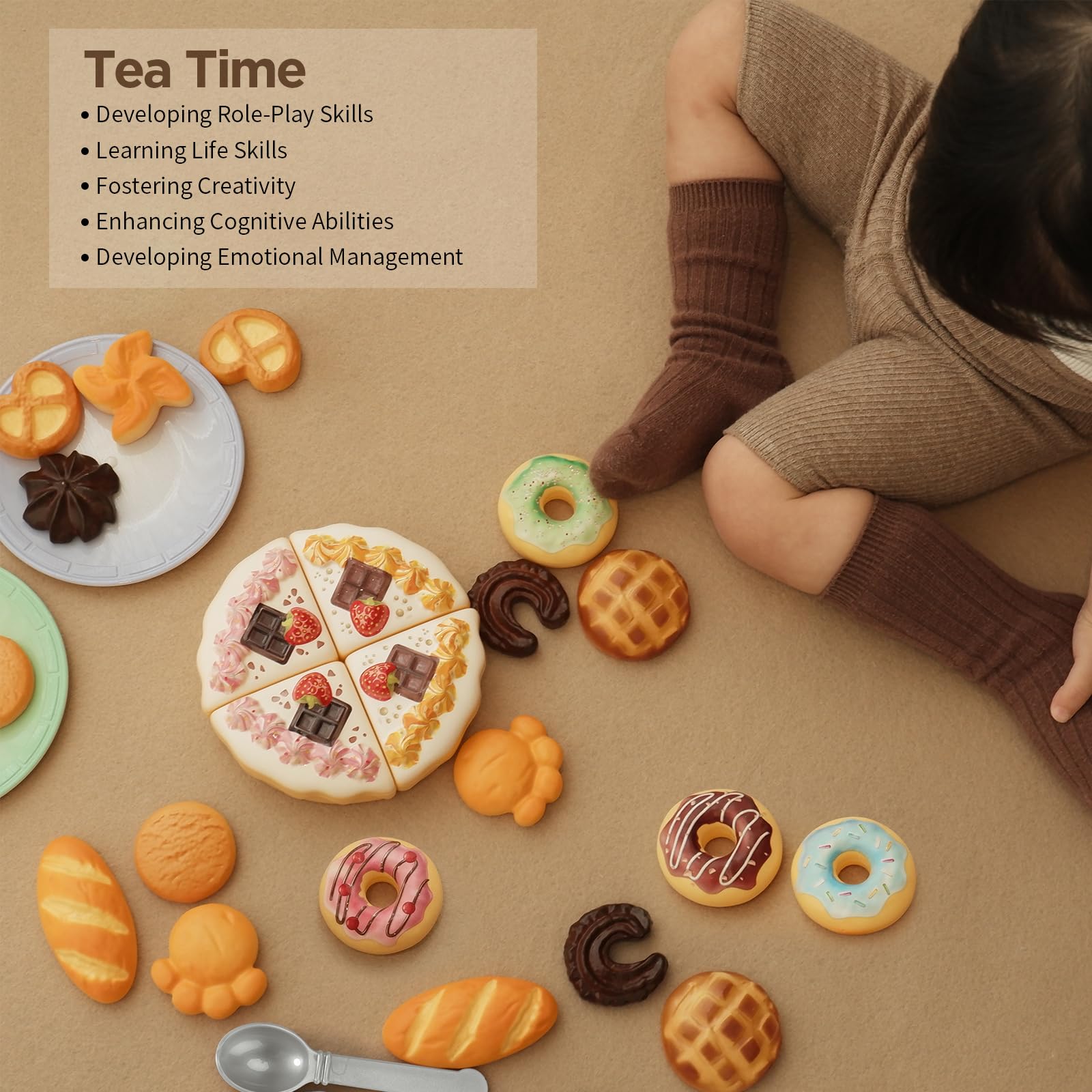 Comida de juguete para niños pequeños, juguetes de simulación para niños pequeños con pasteles de postre y accesorios de cocina, juego educativo y educativo de fiesta de té para niñas de 3 6