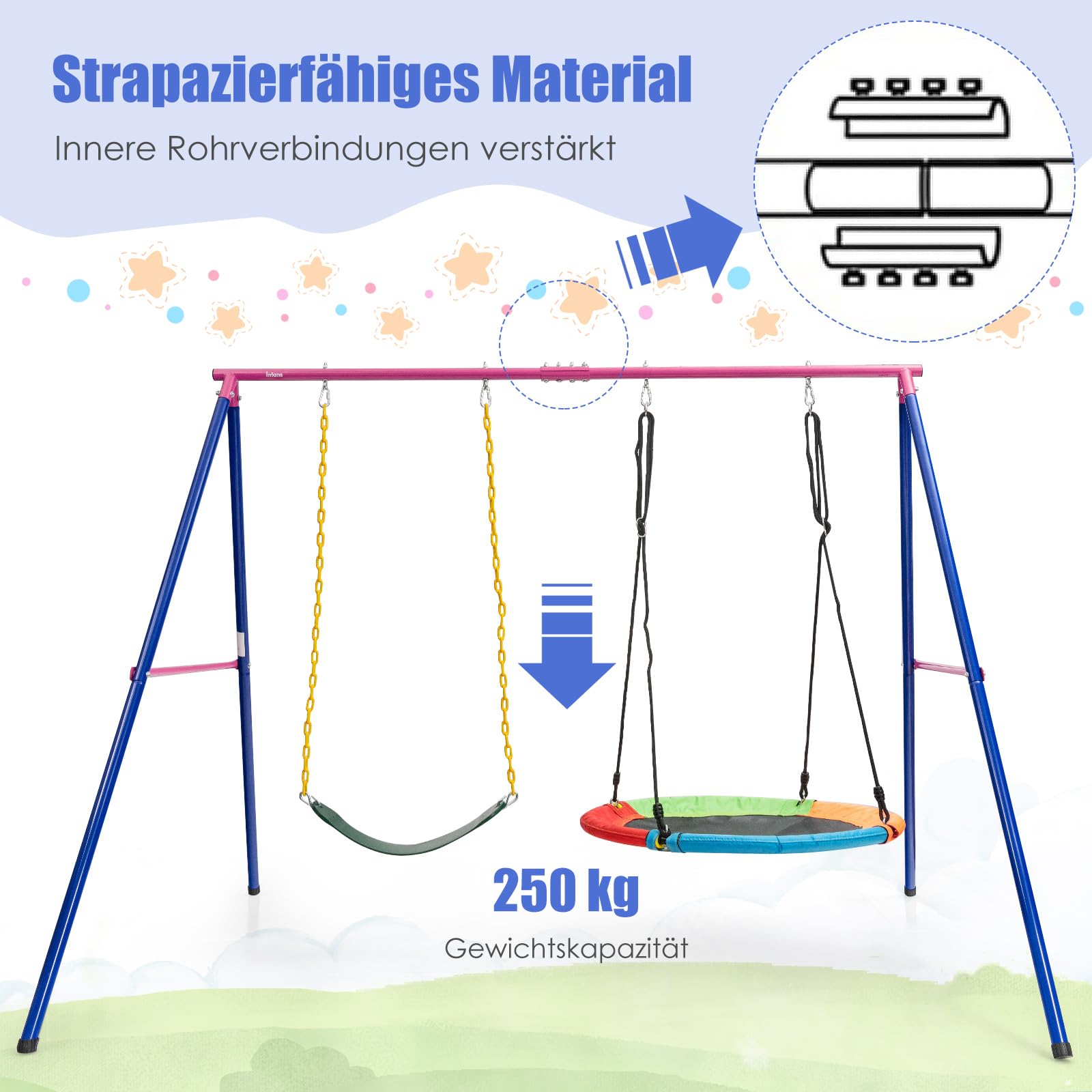 GOPLUS Stelaż na huśtawkę, do użytku na zewnątrz, z metalu, obciążenie do 250 kg, stelaż huśtawki dla dzieci z noskiem i karabińczykiem, stelaż do huśtawki gniazdowej i huśtawki siatkowej