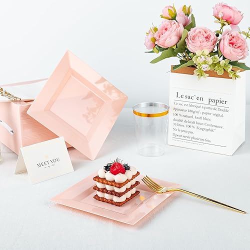 Miniatura 3 de Paquete de 100 platos cuadrados de plástico de postre rosa, platos desechables de 6.5 pulgadas, platos resistentes para fiestas, bodas, Navidad,