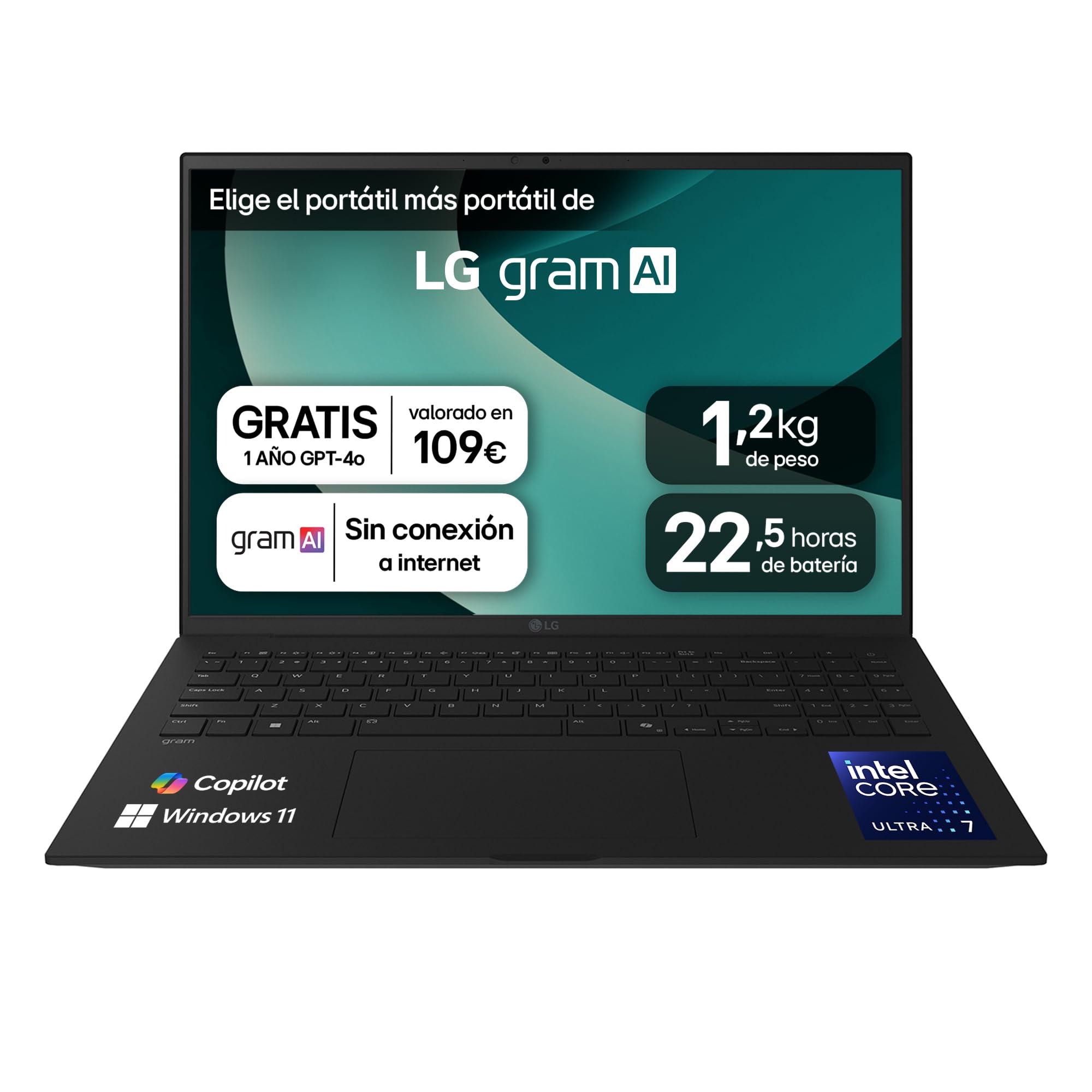LG gram 16Z90T-G.AD88B Portátil 16 Pulgadas, WQXGA IPS, Intel Core Ultra7, 3GB RAM, 1TB SSD, 1.199 g, Antirreflejo, Batería hasta 22.5h, Windows 11, Negro