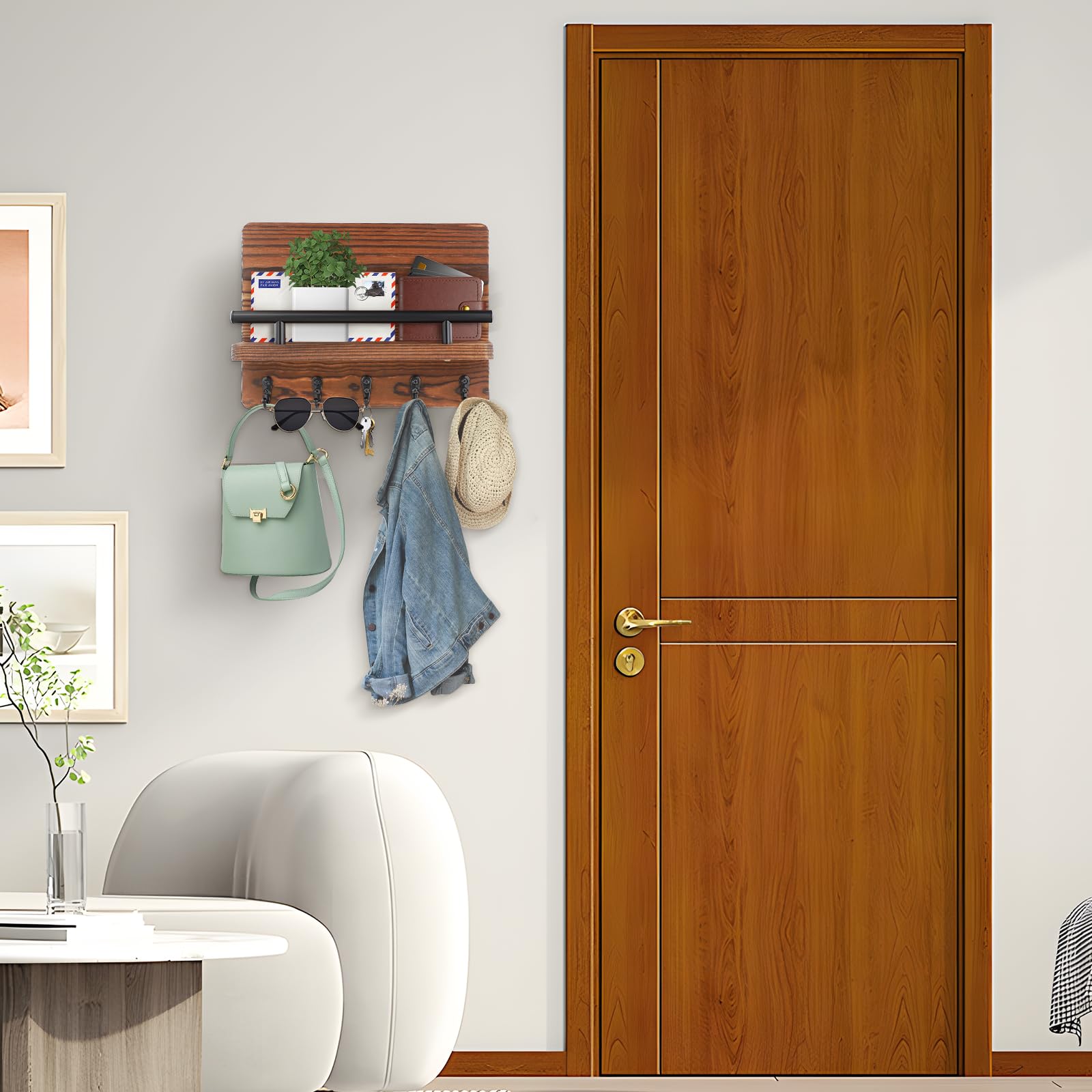 Portachiavi da Parete in Legno, Appendere Chiavi a Muro con 5 Ganci, Portalettere con Ripiano, Moderno, per Organizzare Posta e Riviste, Portachiavi a Parete Moderno Per la Casa