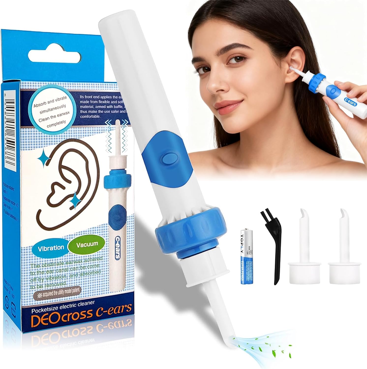 Ohrenschmalz Entferner Sauger,Vibrations-Vakuum-Oroclear Ohrenschmalz-Sauger mit Doppelwirkung,Ohrenschmalz Sauger mit 2 waschbaren Ersatzköpfen und Batterie,geeignet für Erwachsene und Kinder-Blau