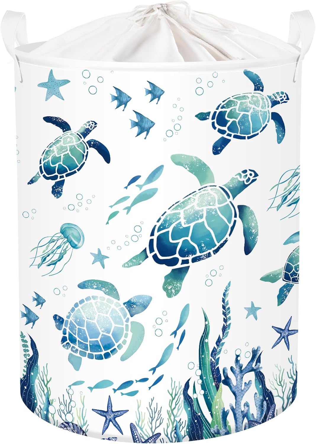 Sea Animals Laundry Hamper Ocean Fish Coral Large Storage Basket Parents Organizer Kids Clothes Toy Bins for Bedroom, Bathroom, Blue Turtles, 63L