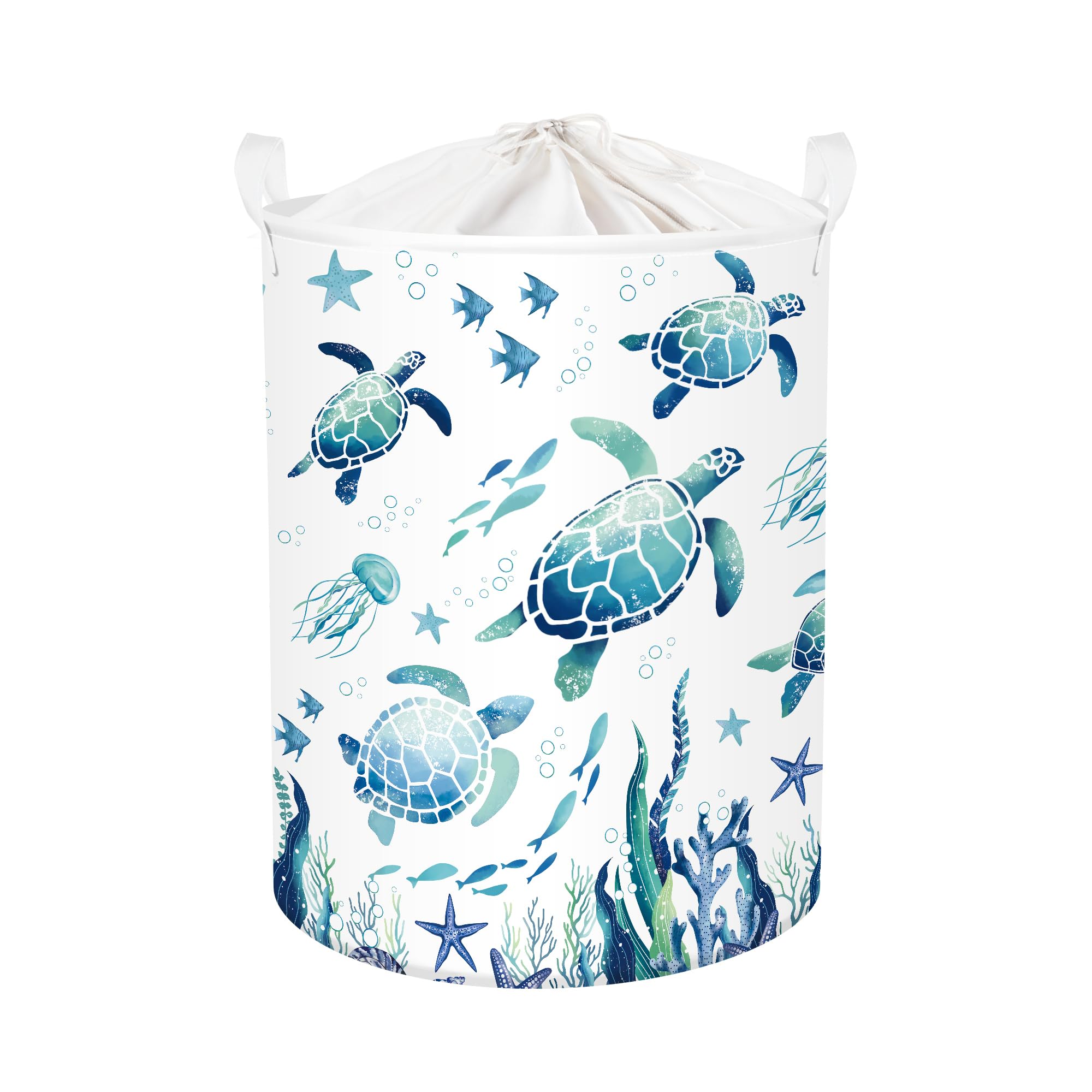 HUUMONSS Cute Sea Animals Storage Basket for Parents Organizing Kids Toys Clothes Large Ocean Fish Coral Laundry Hamper for Bathroom Shower, Blue Turtles, 63L