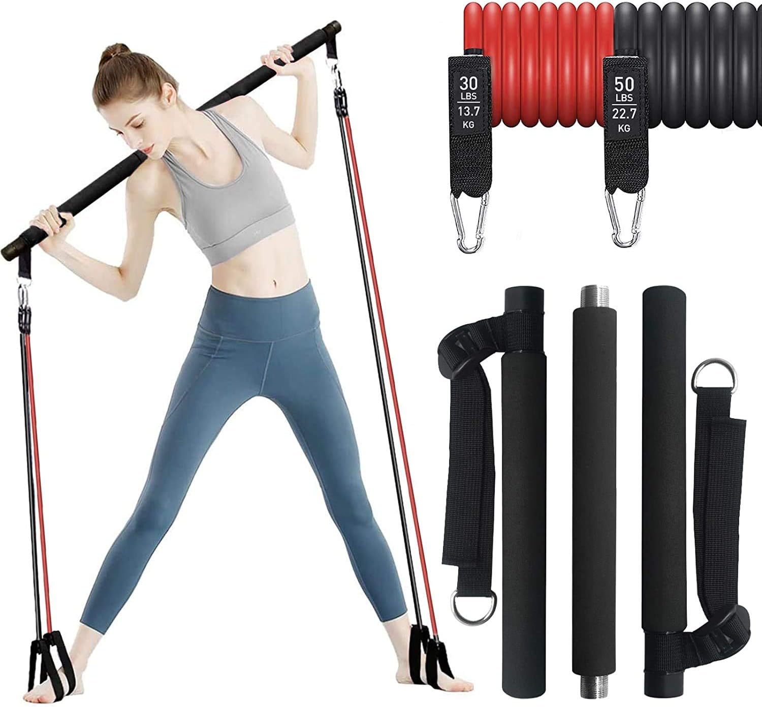 IKARE Portable Pilates Bar Kit with Resistance Band Yoga bar with Foot Loop Toning Bar for Home Total Body Workout, Gym, Stretch