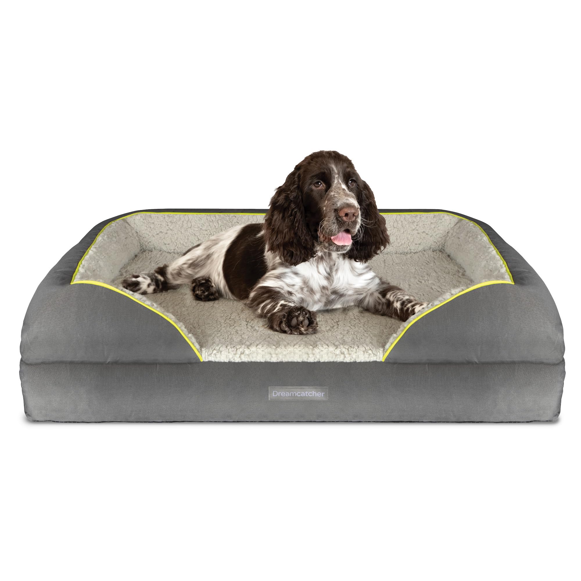 Dreamcatcher Dog Bed Large Plus 97x71x20cm, Orthopaedic Memory Foam Bolster and Non Slip Base with Sherpa Fleece Top. Grey Waterproof Oxford Fabric Sides and Removable Washable Cover — image 1