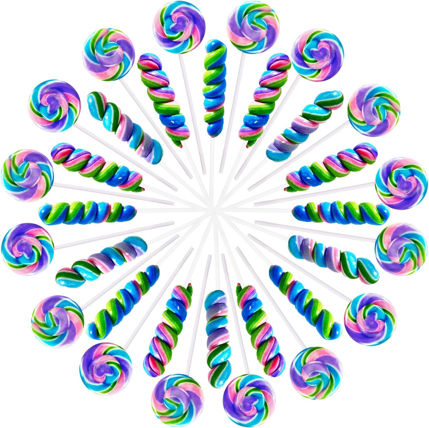 Rainbow Twisty & Swirl Lollipops 32pk (16 swirl &16 twist) Blueberry, Mermaid Lollipop Candy Individually Wrapped Bulk, Unicorn Candy Swirl Lollipops Suckers - Birthday