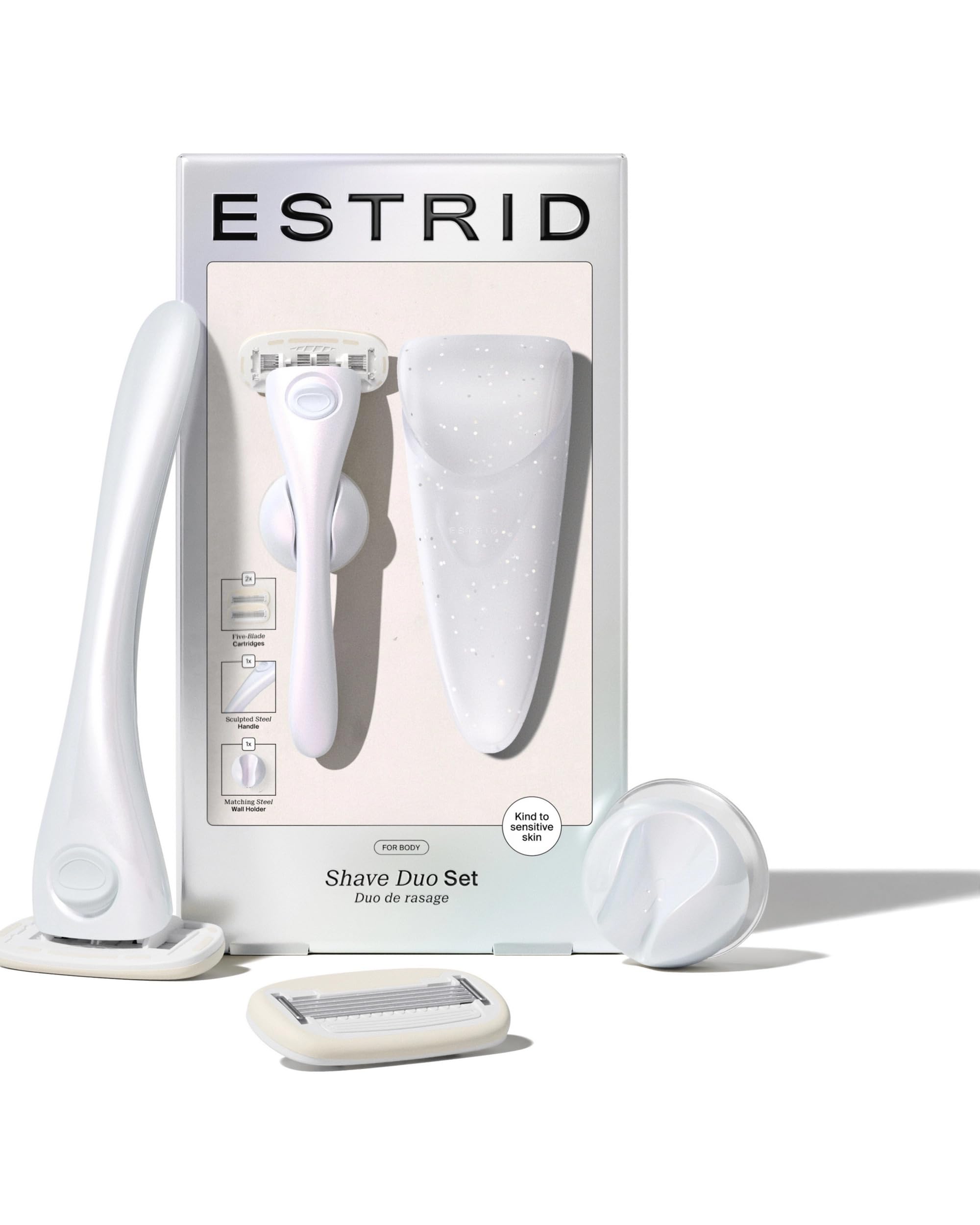 Estrid Set di base per rasatura da donna, con sistema a 5 lame, strisce idratanti vegane, 2 piccoli ganci di ricambio, supporto da parete (Pearl Duo)
