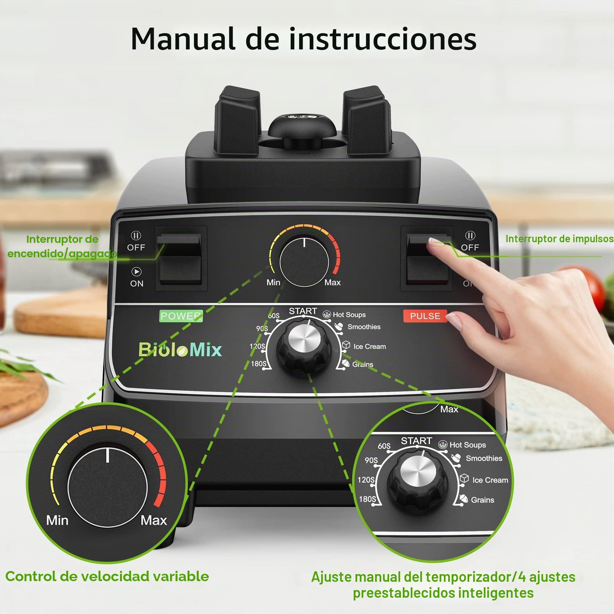 BioloMix Batidora de alto rendimiento de 2200W, | Función de autolimpieza, recipiente de 2 L y vaso de viaje de 600 ml, sin BPA